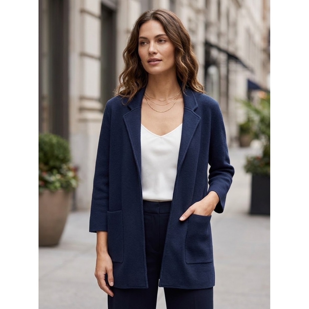 Quince Organic Cotton Knit Blazer Navy Blue Open Front Cardigan Sweater Small